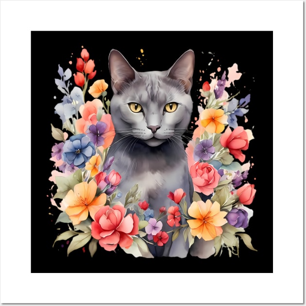 A russian blue cat decorated with beautiful watercolor flowers Wall Art by CreativeSparkzz